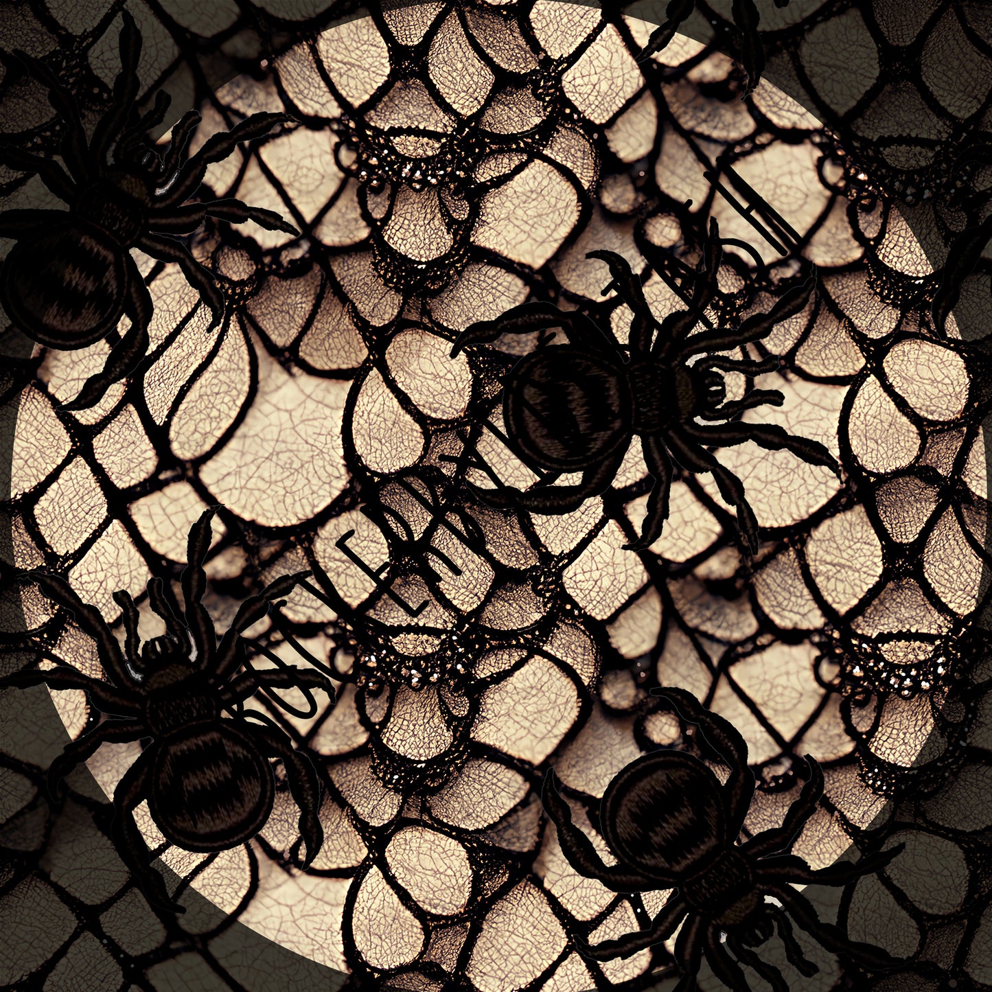 Cotton Lycra flash Halloween retail fabric Spiders and Lace Crochet Black and cream