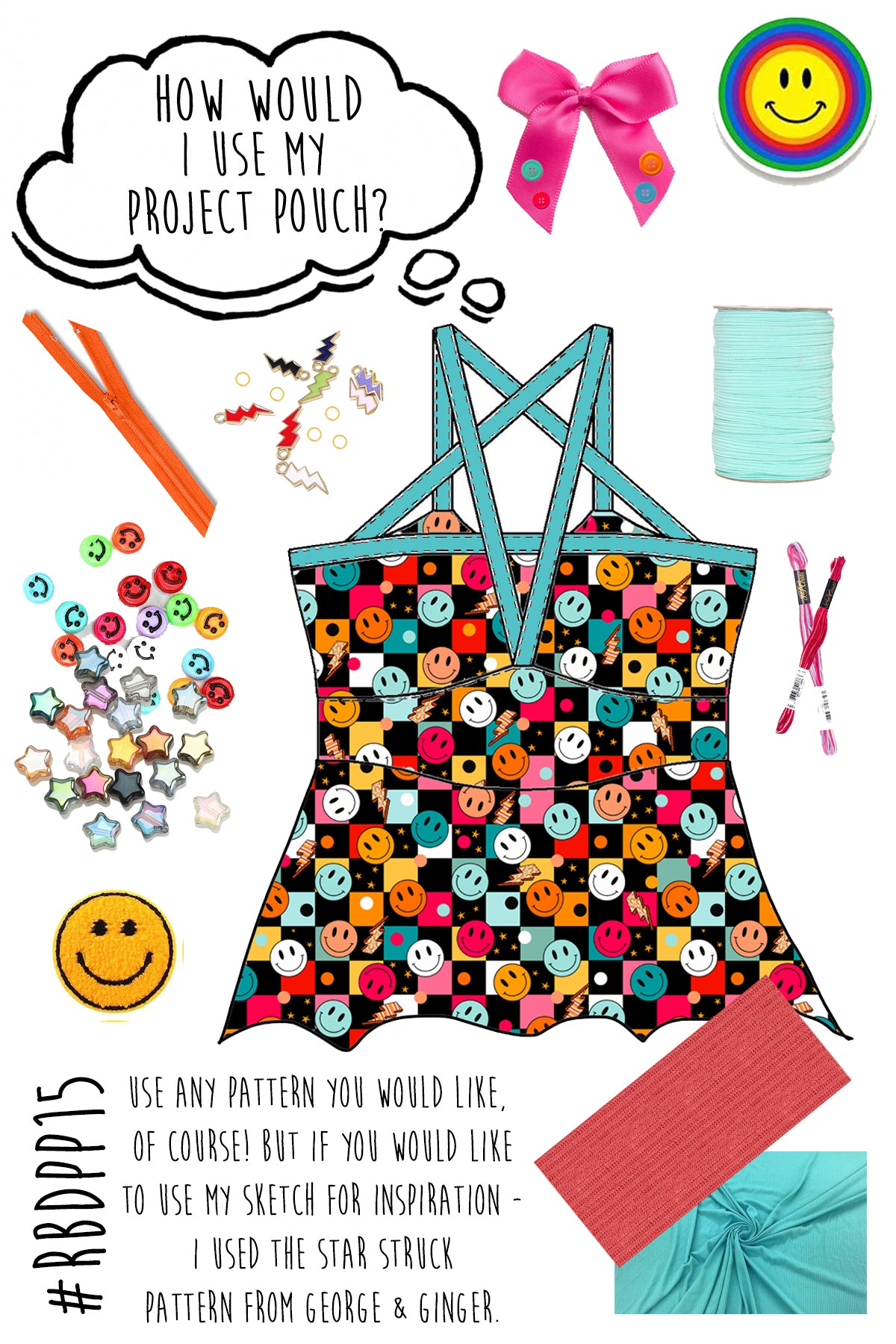 Project Pouch 15 Check that smile print - cotton Lycra retail fabric