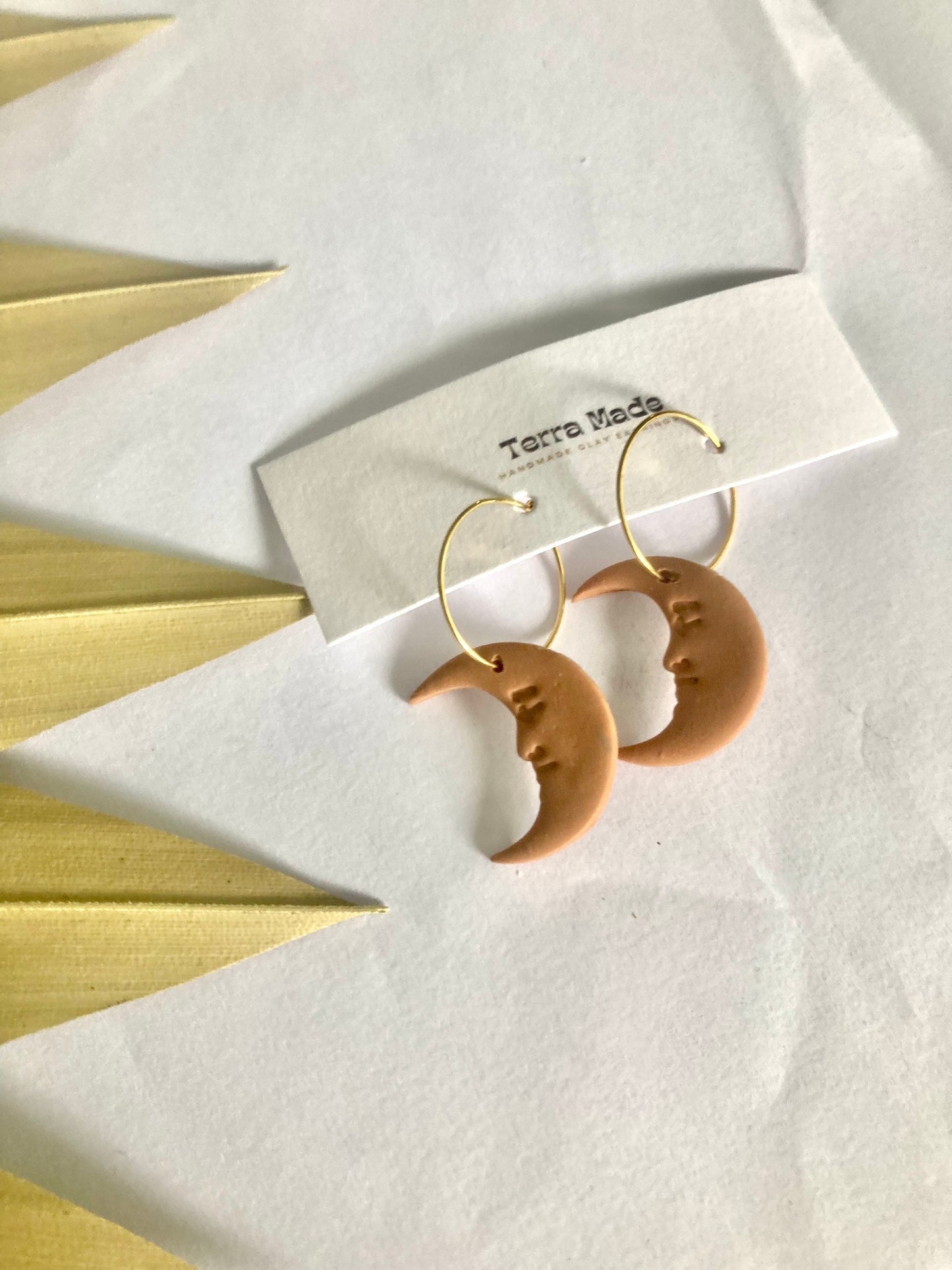 Handmade polymer clay earrings celestial moon neutrals earth tones lightweight yellow moon by Terra Made