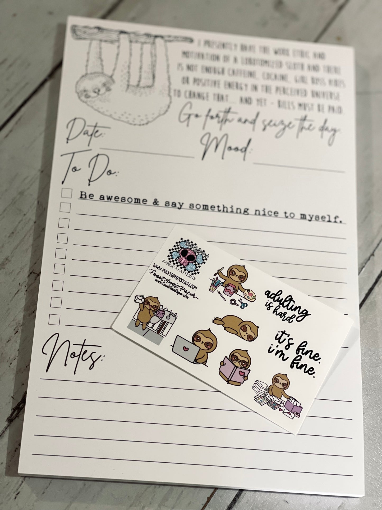 Sloth Work Ethic Paper Pad To Do List and Sticker Sheet - RockerByeDestash Exclusive Swag retail