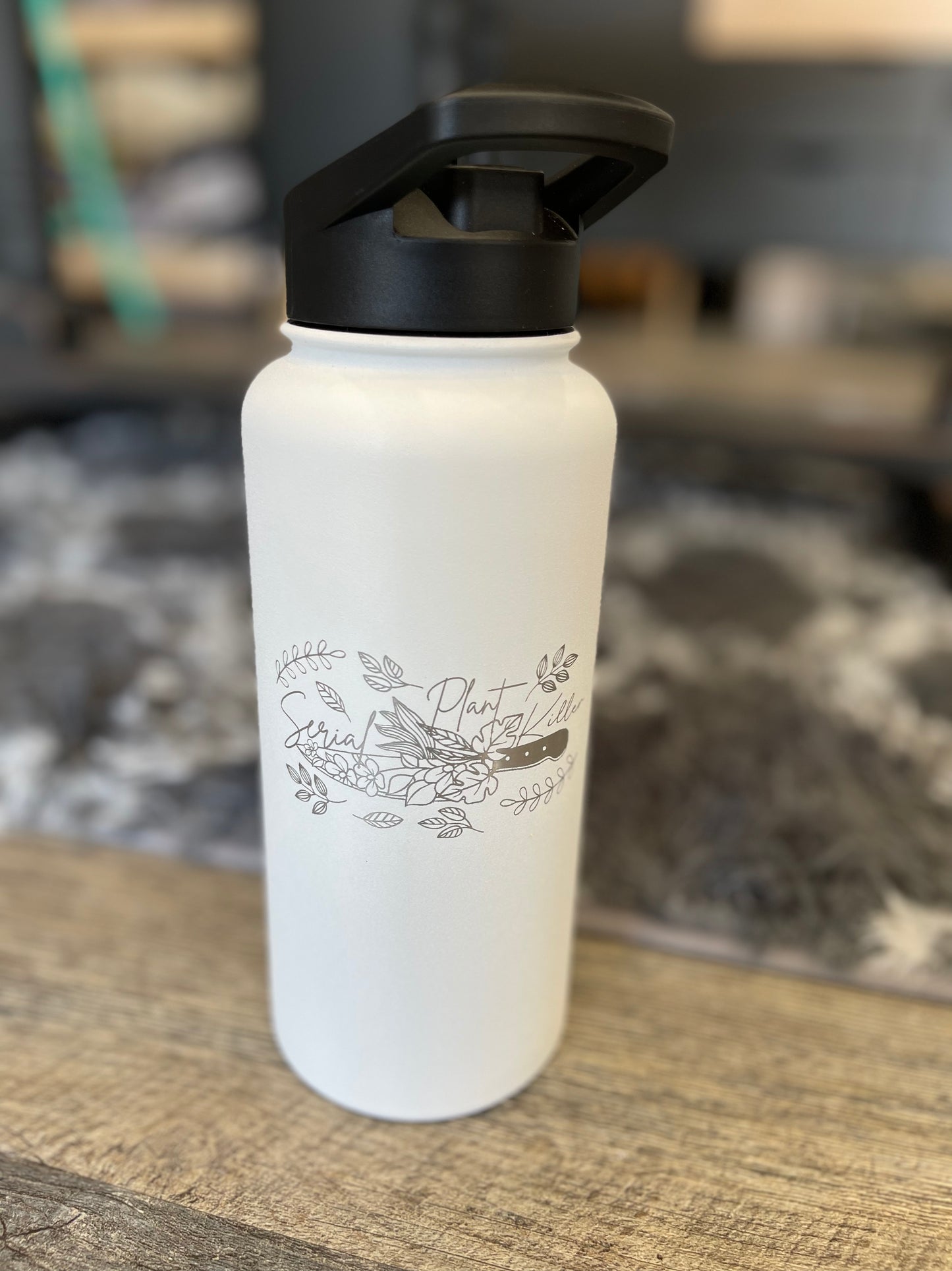 Retail - 32oz WHITE Engraved Water Bottles with plastic spout and straw - Matte White