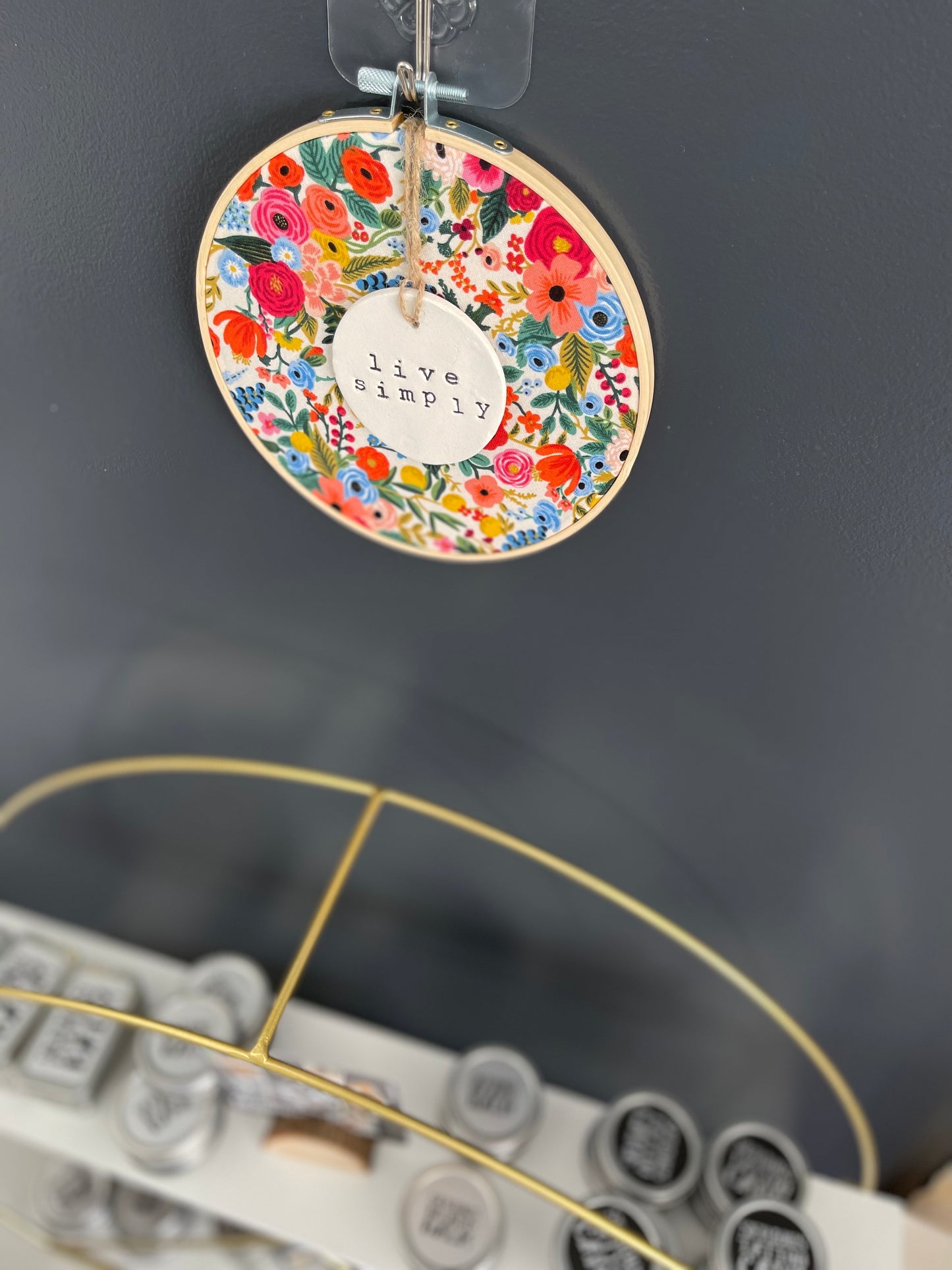 Live Simply or choose joy 6 Inch Hoop with Rifle Paper Co. Herb Garden Fabric and Circle Ornament RBD swag