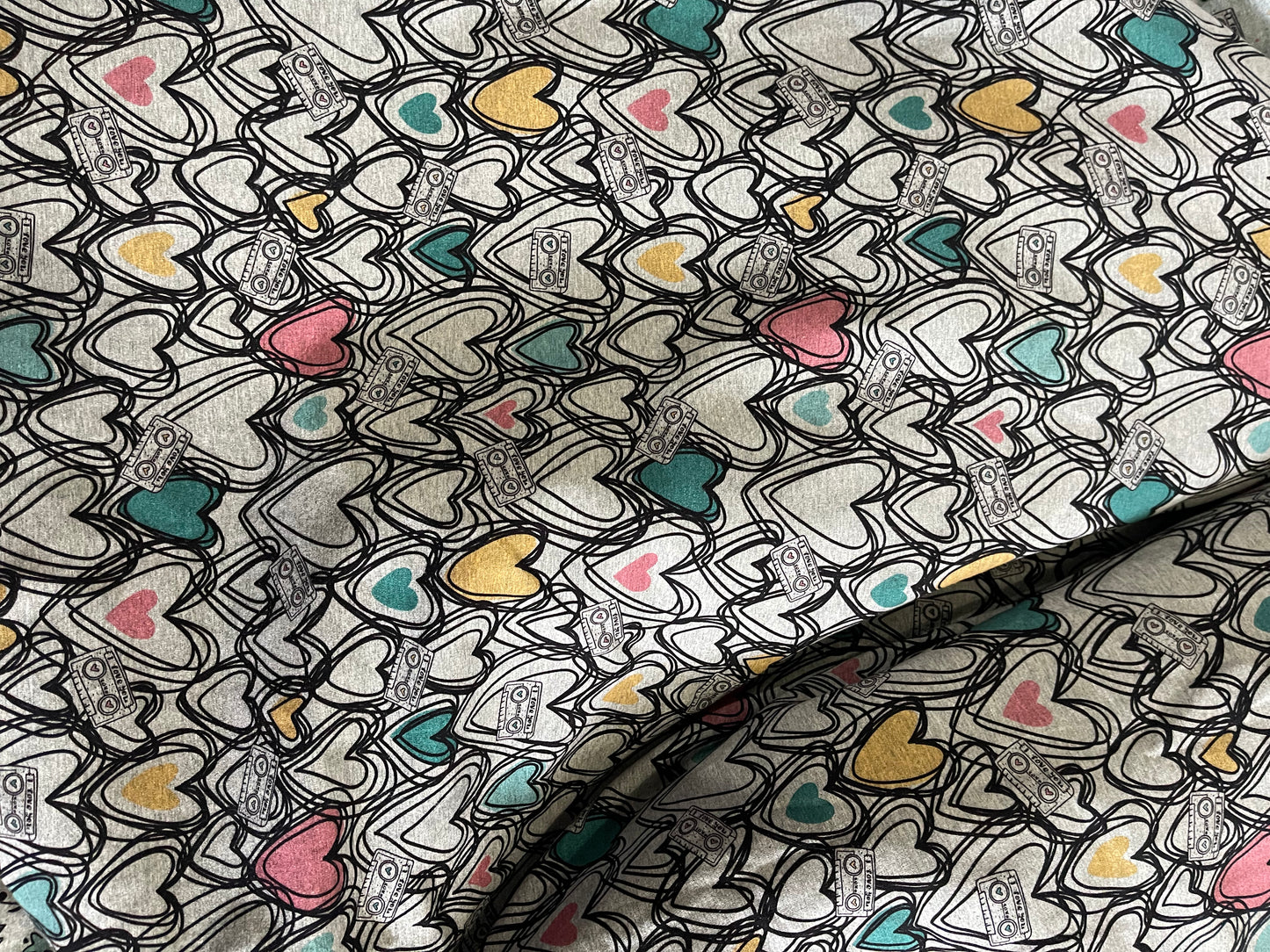 Retail Heather gray venti valentine, cassette tape hearts and musically music fabric cotton Lycra
