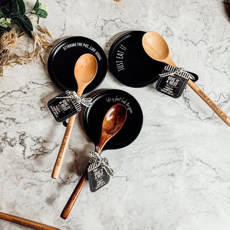 Dark Wood Kitchen Gifts & Kitchen Decor - Handmade Spoon Rests + Wooden Spoon With Ribbon & Tag by Gia Roma