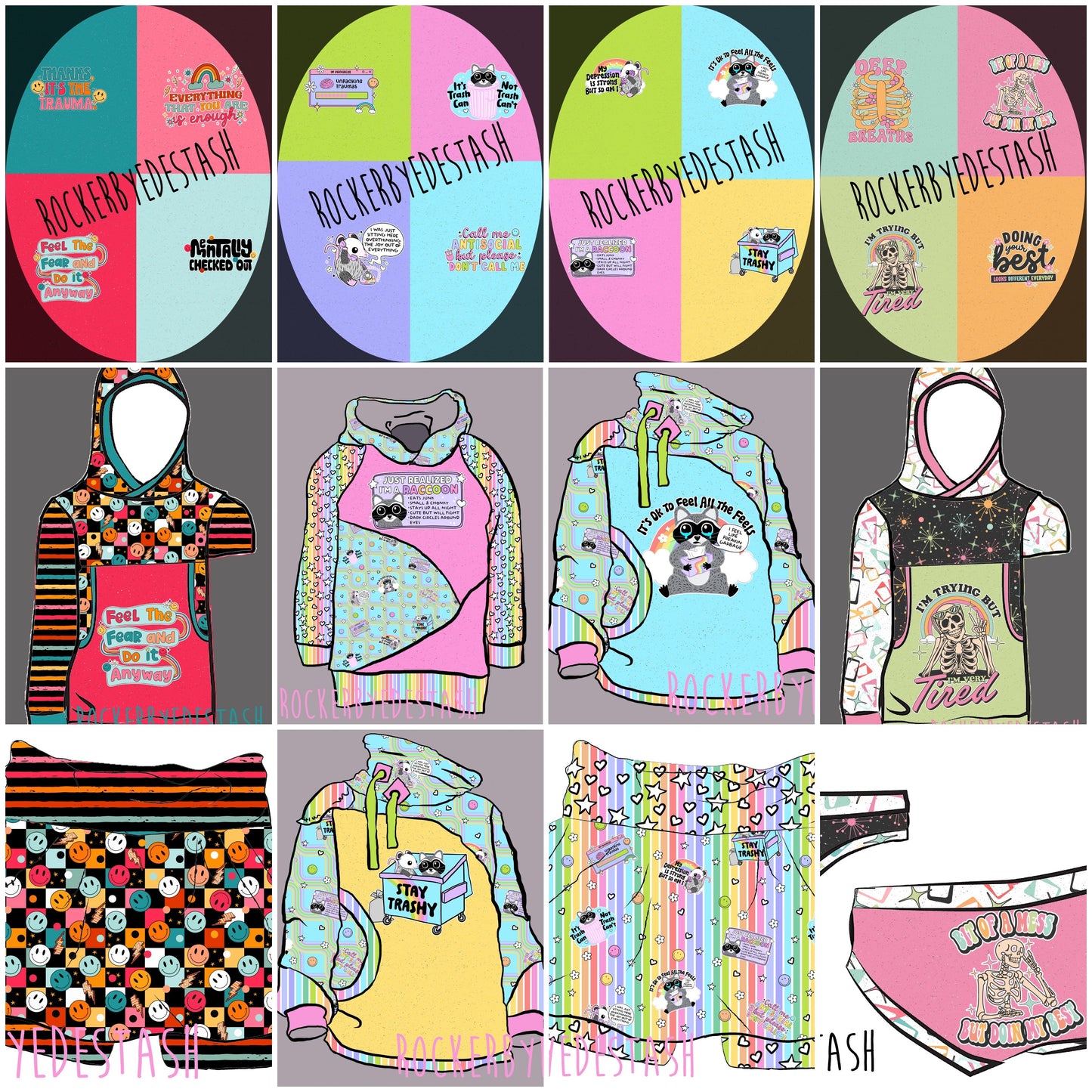 Cotton Lycra Kid & Adult Panels for Round AAA - Smiley, Skeleton, Retro Rascals Mental Health Retail Fabric