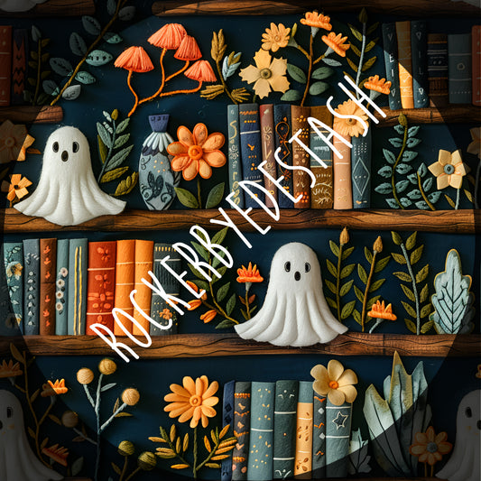 Ghosts and books print - cotton Lycra retail fabric spooky library