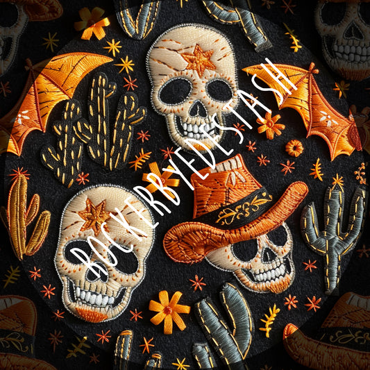 Cowboy Skull western print embroidery - cotton Lycra retail fabric
