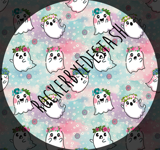 Cotton Lycra flash Halloween retail fabric Pink Ghosts Flowers