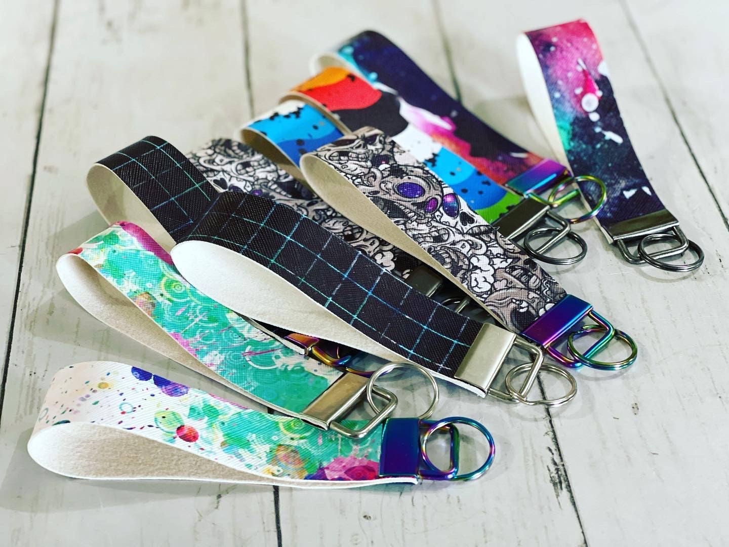 Vinyl Lanyard Wristlet Keychain Wrist Strap - RockerByeDestash Swag Watercolor Grids