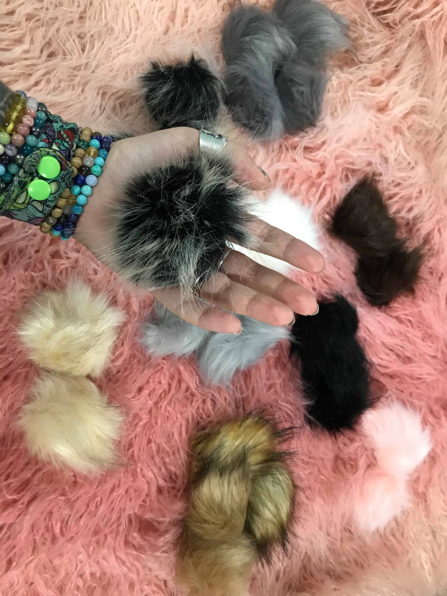 Retail faux fur MULTIPLE COLORS TO CHOOSE FROM colored Pom with elastic loop