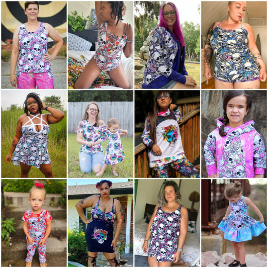 French Terry - Round KK - skulls, moths, roses & more - all main prints listed here Fabric Retail