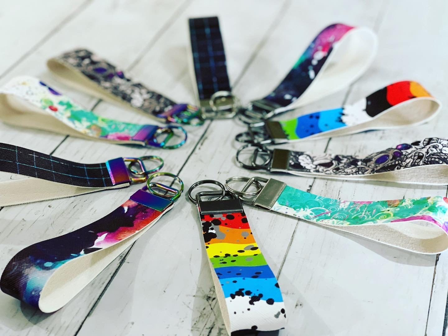 Vinyl Lanyard Wristlet Keychain Wrist Strap - RockerByeDestash Swag Watercolor Grids