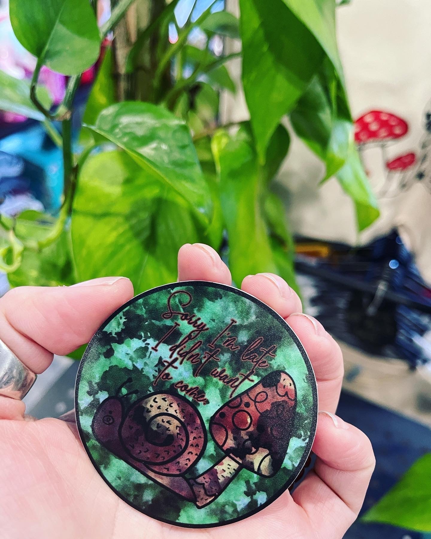Approximately 2.5 inches Sorry Im late Snail Mushroom Ice Dye vinyl sticker - retail swag