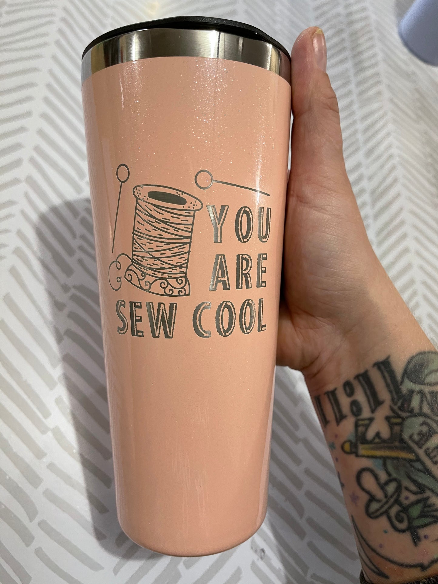 You are Sew cool peach tumbler cup