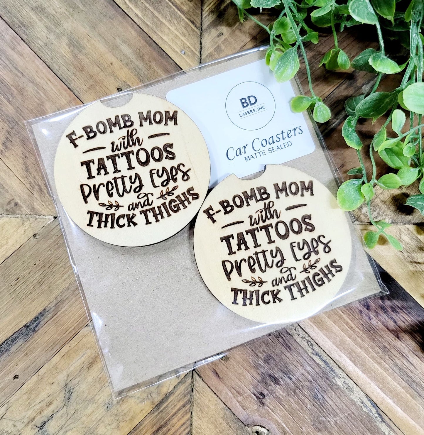 Tattoo Mom Thick Thighs Car Coasters, Set of 2 by BD Lasers, INC. - gift