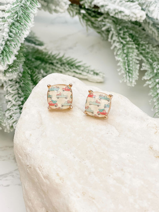 Christmas Truck with Tree Printed Stud Earrings by Prep Obsessed - gift