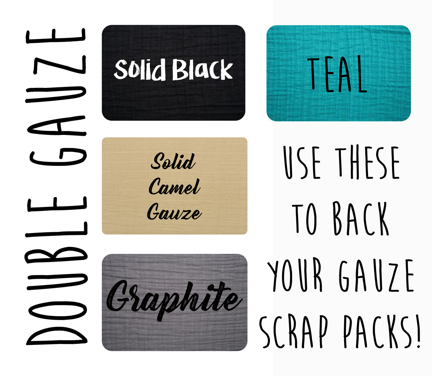 Retail - Cotton Gauze solids - 5 colors available - Black, Graphite, Teal,