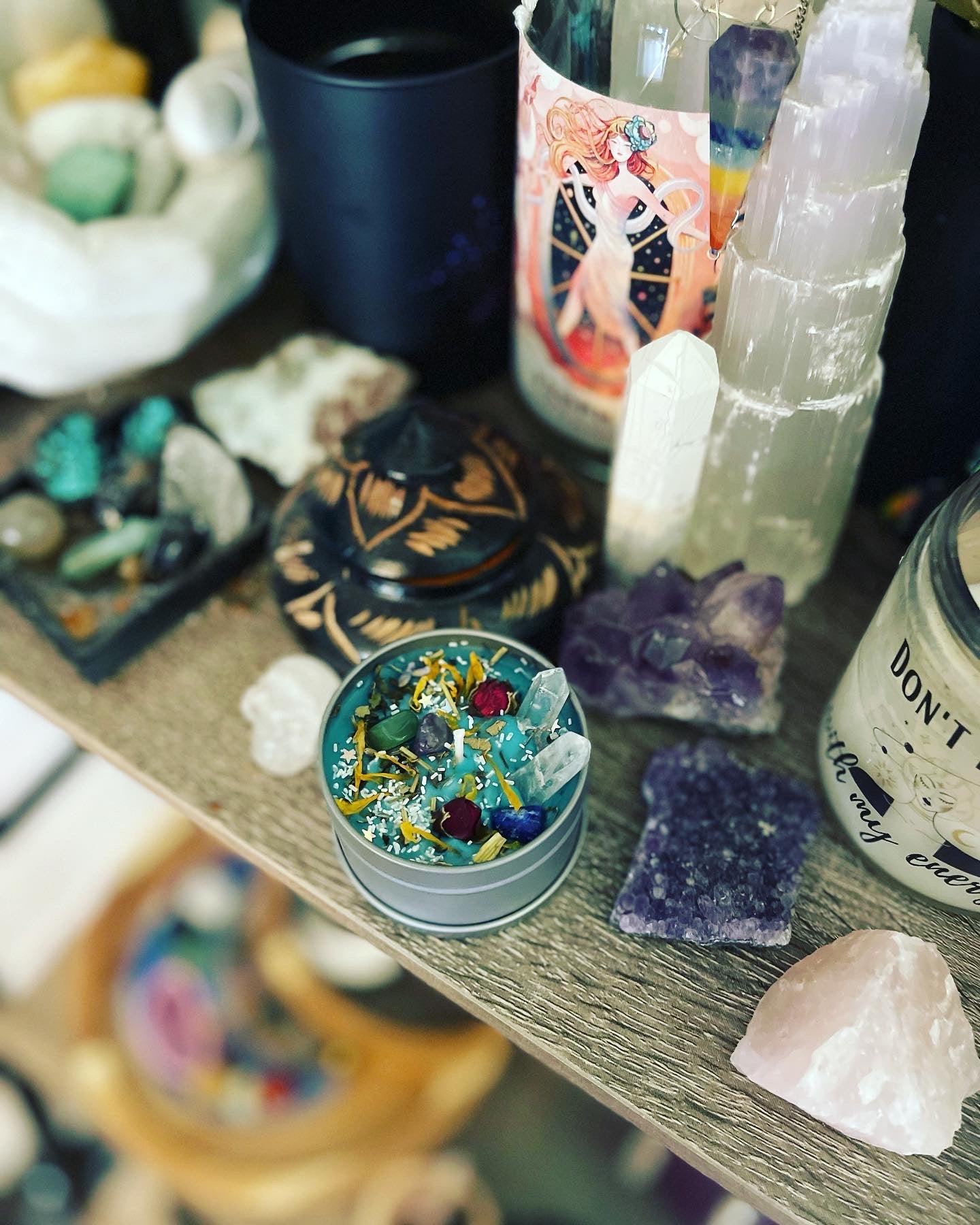 Candle crystal herbs flowers gift