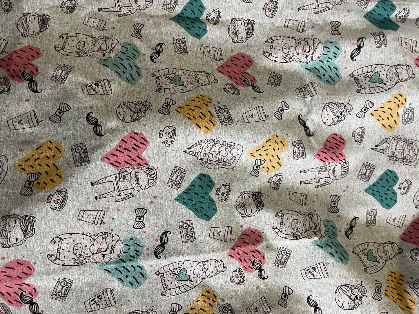 Retail Heather gray venti valentine, cassette tape hearts and musically music fabric cotton Lycra