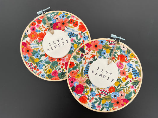 Live Simply  or choose joy 6 Inch Hoop with Rifle Paper Co. Herb Garden Fabric and Circle Ornament RBD swag