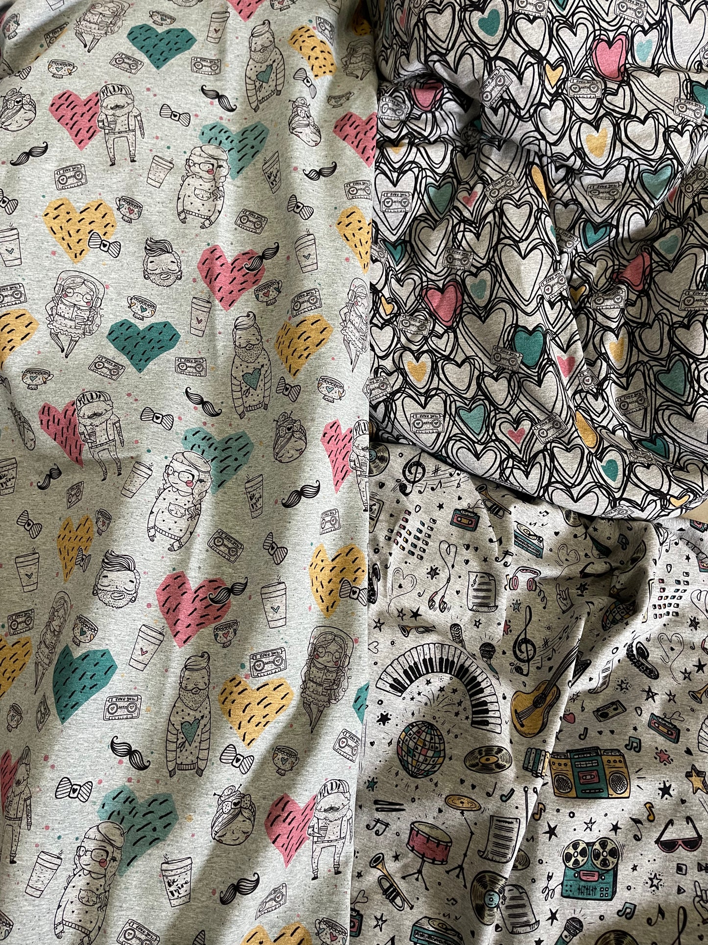 Retail Heather gray venti valentine, cassette tape hearts and musically music fabric cotton Lycra