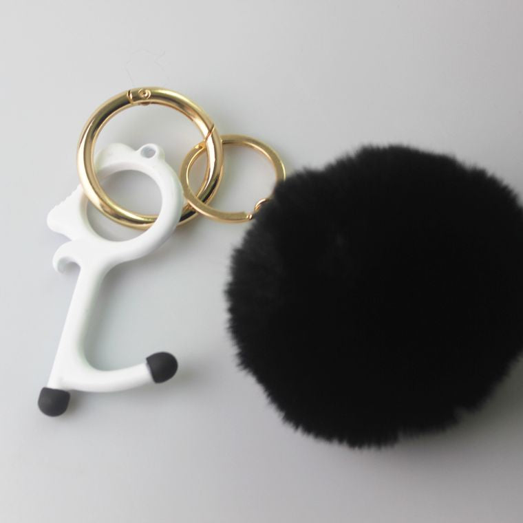 black/white  Pompoms keychains keyrings ( faux fur) with touchless Key by MILK+SASS® gift