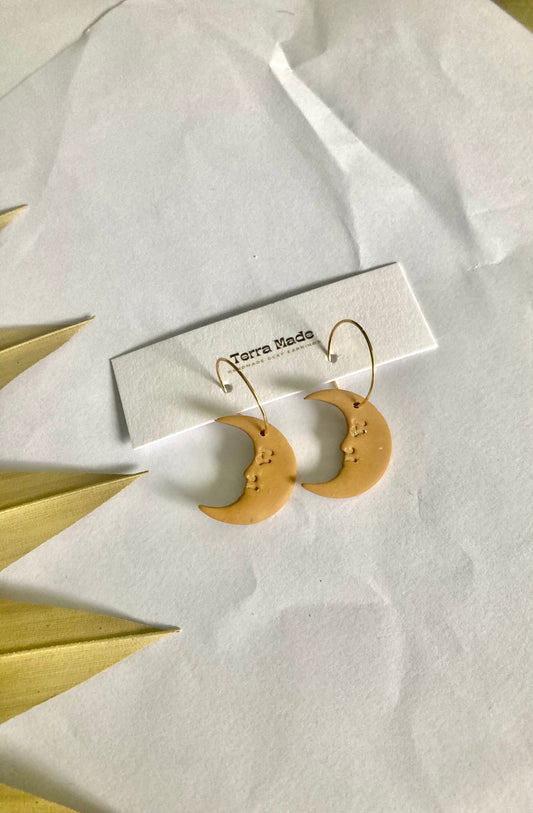 Handmade clay earrings clay earrings boho earrings Gold Celestial moon dangle earrings by Terra Made jewelry gift